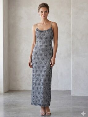 Papell Boutique Evening Silk Embroidered Beaded Gray Maxi Formal Dress Sz 14 NWT